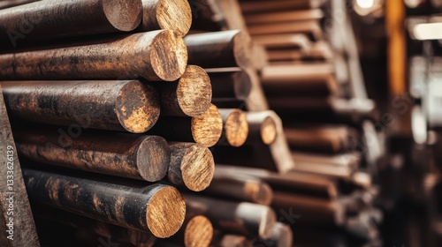 A warehouse filled with a large pile of metal iron rods, showcasing their rugged texture and industrial storage environment. photo