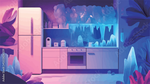 A digitally rendered image depicts a kitchen interior with stylized, low-poly geometric elements.  The scene is surreal, featuring large, icy formations, resembling stalactites and crystals,