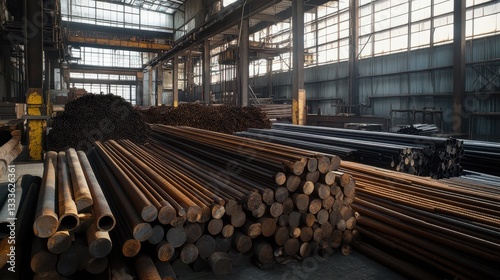 A warehouse filled with a large pile of metal iron rods, showcasing their rugged texture and industrial storage environment. photo