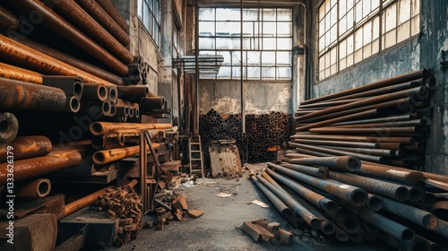 A warehouse filled with a large pile of metal iron rods, showcasing their rugged texture and industrial storage environment. photo