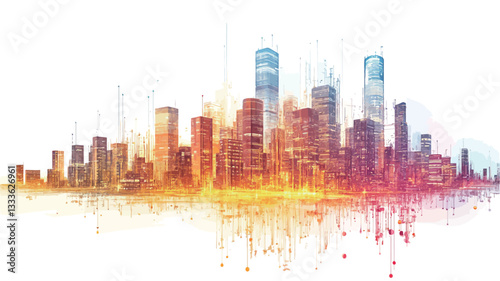 Wallpaper Mural An abstract illustration depicting a city skyline. The image uses a watercolor or paint splatter effect with a range of warm and cool colors, predominantly oranges, yellows, reds, and blues.  The Torontodigital.ca