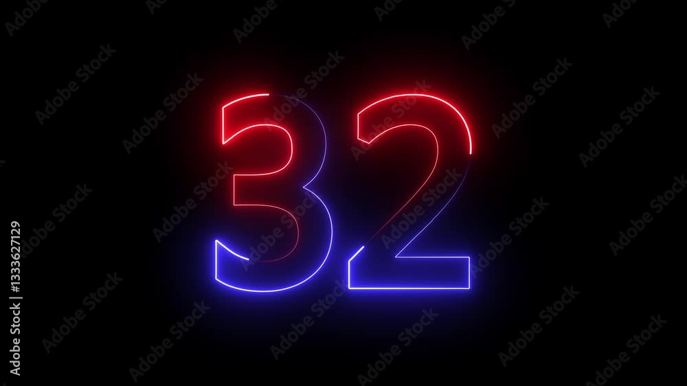 The neon 32 text icon animation features glowing, flickering numbers that transition smoothly, with vibrant colors pulsating and creating a dynamic, eye-catching visual effect. The neon 32 text icon animation features glowing, flickering numbers that transition smoothly, with vibrant colors pulsating and creating a dynamic, eye-catching visual effect.