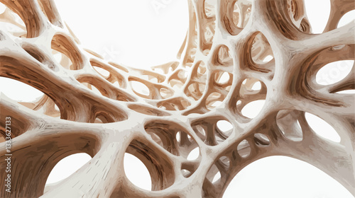 The image is a digitally rendered 3D illustration depicting an abstract organic structure. The structure is predominantly beige and cream in color, with a complex network of interconnected, porous