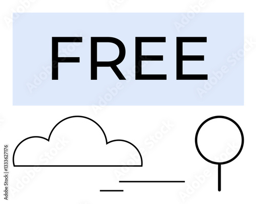 Bold Free text with a light blue background, cloud shape, flowing lines, and circular tree element. Ideal for nature, freedom, simplicity, creativity minimalism marketing and eco themes. Flat