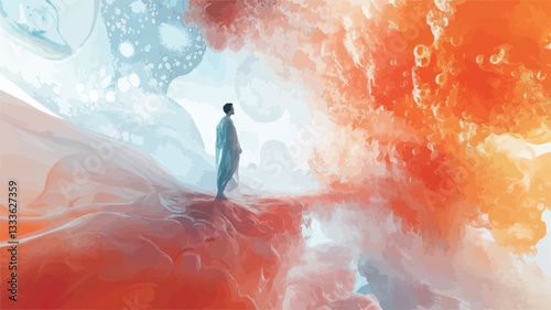 The image depicts a solitary, pale-colored human figure, seemingly standing on a small, indistinct landmass. The figure is positioned centrally, facing away from the viewer. The background is