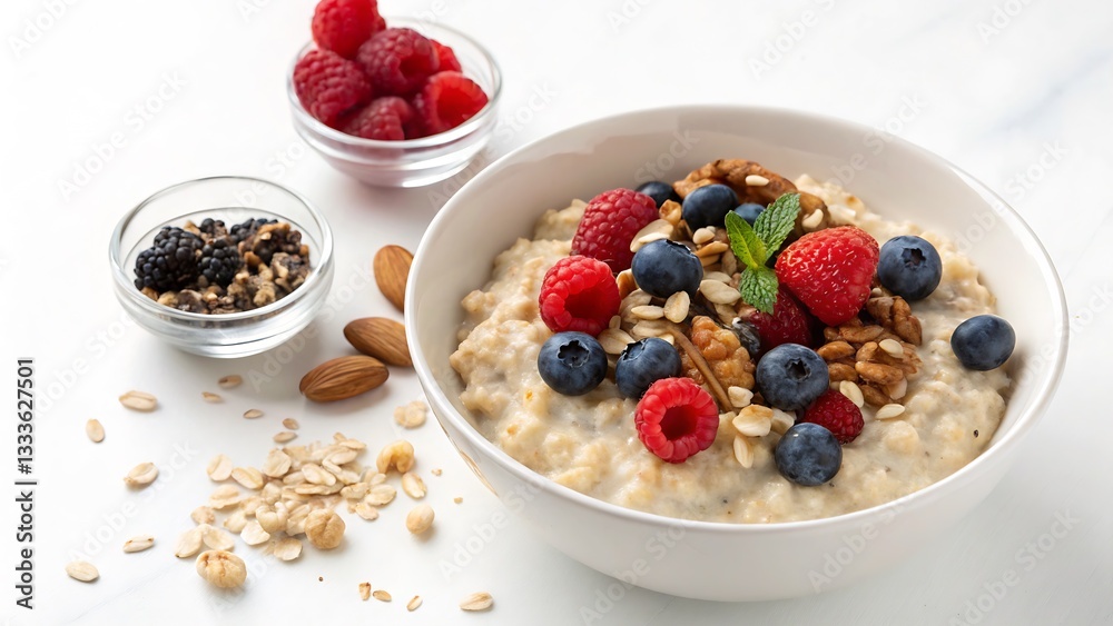Bowl of Oatmeal with Fresh Berries and Nuts, Isolated on a White Background, High-Quality Healthy Breakfast Photography highlighting a nutritious breakfast. Bowl of Oatmeal with Fresh Berries and Nuts, Isolated on a White Background, High-Quality Healthy Breakfast Photography highlighting a nutritious breakfast.