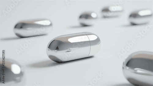 Close-up shot of several metallic capsules scattered on a clean white background. The capsules are silver or chrome-colored, exhibiting a highly reflective and shiny surface.  The image is sharply