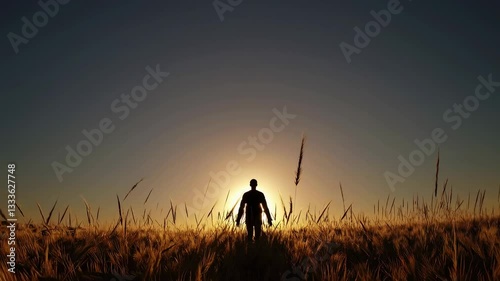 Silhouette of a man standing in a golden wheat field at sunset, peaceful rural landscape, nature, solitude, freedom, and tranquility, warm sunlight, horizon, countryside serenity