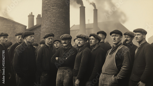 A vintage black-and-white photograph of a 1920s labor union strike. Factory workers in worn-out overalls and flat caps stand united. The industrial background features smoking chimneys and an old bric photo
