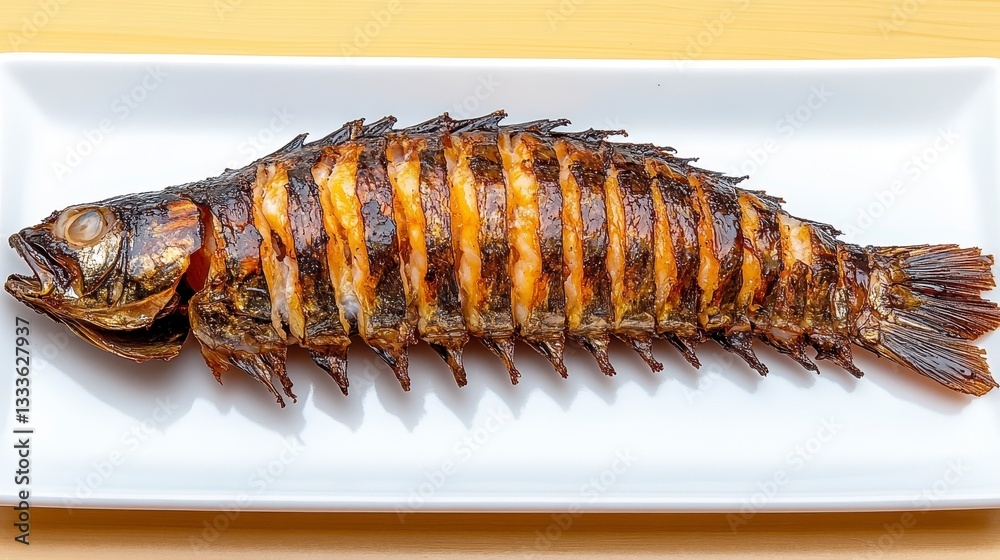 Overhead View of Grilled Fish on White Plate Overhead View of Grilled Fish on White Plate
