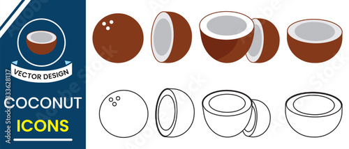 Coconut icons, vector set. Broken coconut drink icon isolated on white background. Silhouette of coconut fruit symbol and sign. Vector illustration.
