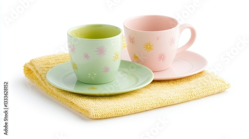 Wallpaper Mural Pastel Pink and Green Teacups with Floral Pattern on Yellow Placemat Torontodigital.ca
