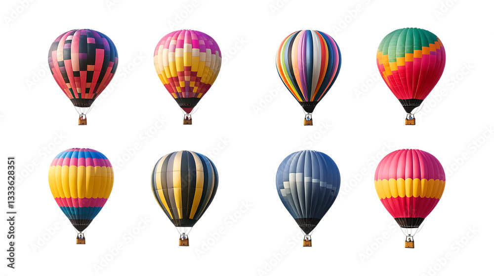 Fototapeta premium Eight colorful hot air balloons ascend together displaying various striped patterns isolated against a clean transparent background for celebration.
