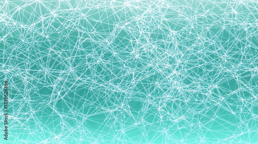 Fototapeta premium geometric pattern of interconnected neural nodes, with smooth transitions of color from teal to white, visually symbolizing the flow of data through an AI-driven network system. [Color pattern]:[Neura