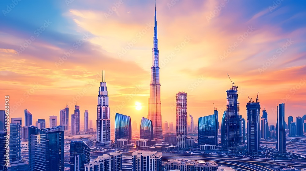 Fototapeta premium Stunning Sunset Panorama of Dubai Skyline Modern Architecture