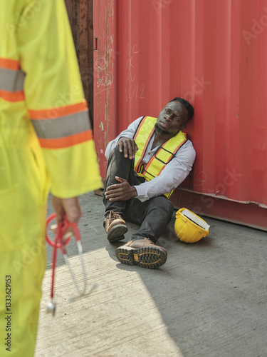 Obraz na płótnie African-American male engineer injured in accident while working on unloading containers. Safety team helps him out of accident. First aid and safety training concept. w salonie