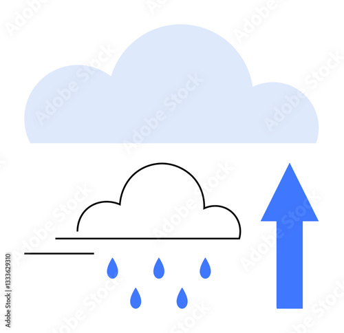 Cloud releasing raindrops, blue upward arrow indicating growth, showing progression, transformation, and evolution. Ideal for weather, growth, innovation, environment change progress