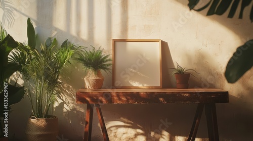 A wooden easel with a painting frame mockup against a studio wall, showcasing a modern art concept. photo