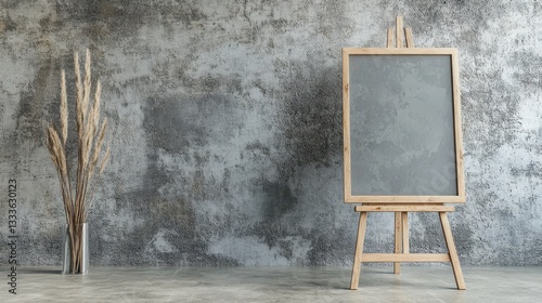 A wooden easel with a painting frame mockup against a studio wall, showcasing a modern art concept. photo