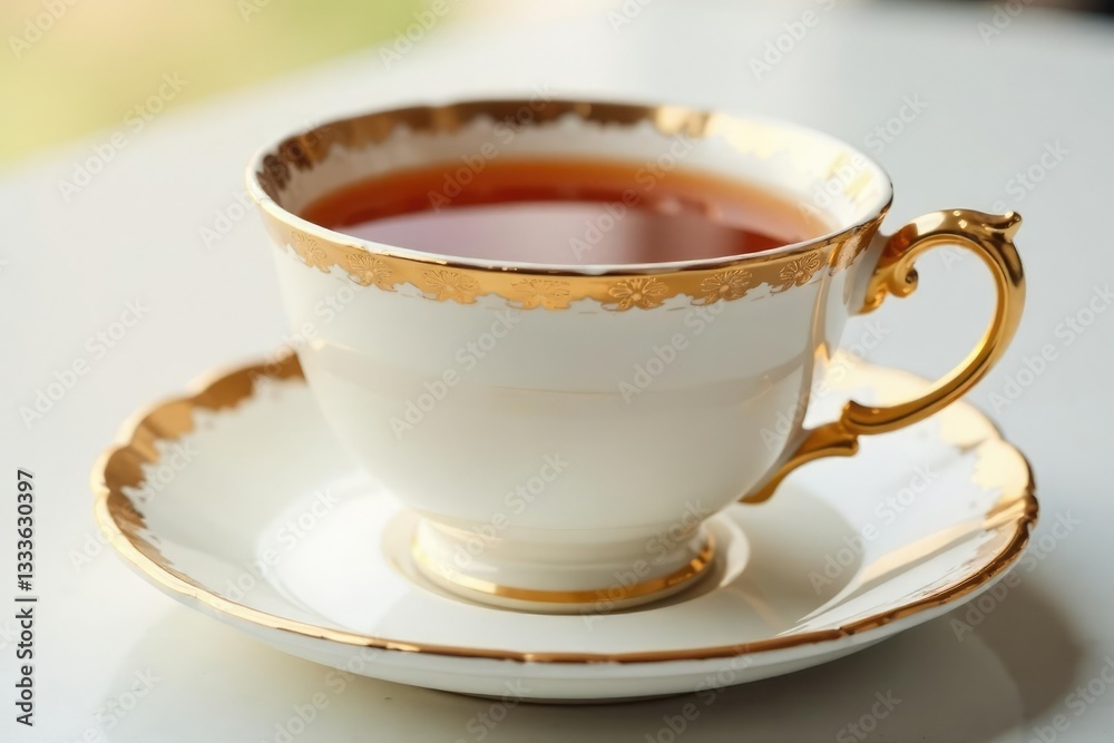 Delicate tea cup with intricate gold trim resting on a matching saucer, tea, gold Delicate tea cup with intricate gold trim resting on a matching saucer, tea, gold
