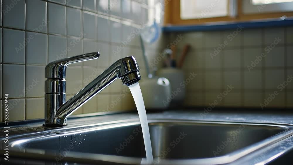 Water flows from a modern kitchen faucet into a stainless steel sink in a bright, cheerful kitchen environment