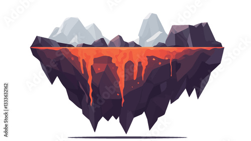 A digital illustration depicting a stylized volcanic island. The island is rendered in a low-poly, geometric style with sharp, angular shapes.  The upper portion shows dark gray and black rocky