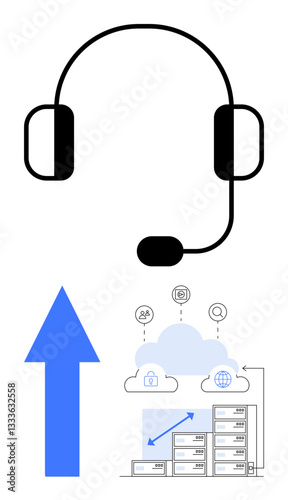 Headset symbolizing communication, blue upward arrow indicating progress, cloud server icons representing technology. Ideal for support systems, data storage, online help, IT services, cloud