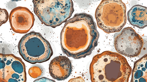 The image presents a repeating pattern of abstract, roughly circular shapes against a white background. The shapes vary in size and are filled with a combination of warm (orange, brown) and cool