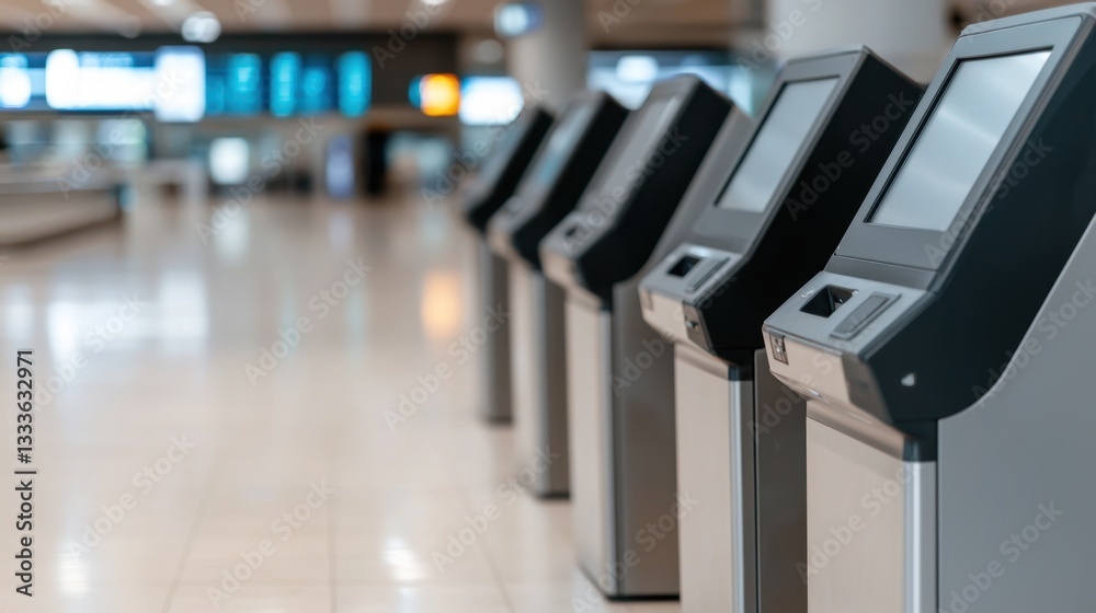 Fototapeta premium Passengers at self-check-in kiosks Concept, Modern Airport Terminal Kiosks Lined Up in a Clean Waiting Area with Soft Lighting and Spacious Design