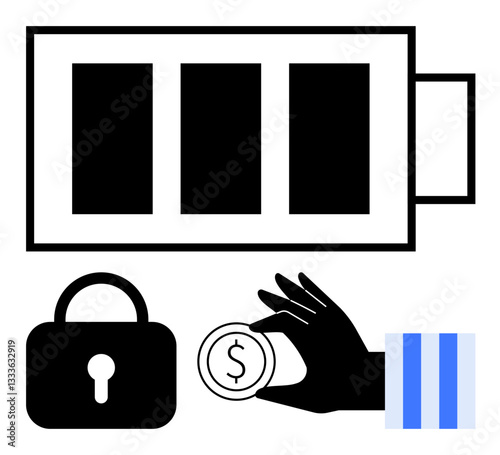 Battery icon symbolizes energy efficiency, hand holding coin reflects financial investment, padlock ensures security. Ideal for savings, protection, energy, investment, fintech, technology economy