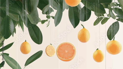 High-angle, close-up shot of oranges and lemons suspended against a bright white background.  The fruits appear fresh and juicy.  Green leaves are interspersed amongst the fruit, hanging from