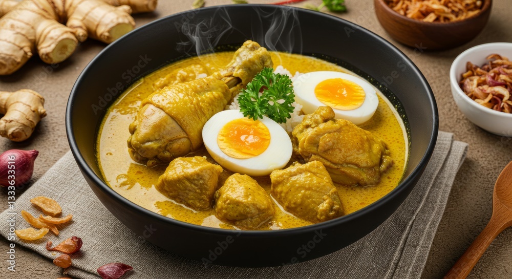 Steaming Chicken Curry with Boiled Eggs and Rice in Dark Bowl with Brown Steaming Chicken Curry with Boiled Eggs and Rice in Dark Bowl with Brown