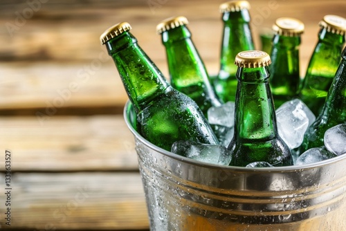 green beer bottles in metal ice bucket on light wooden background 