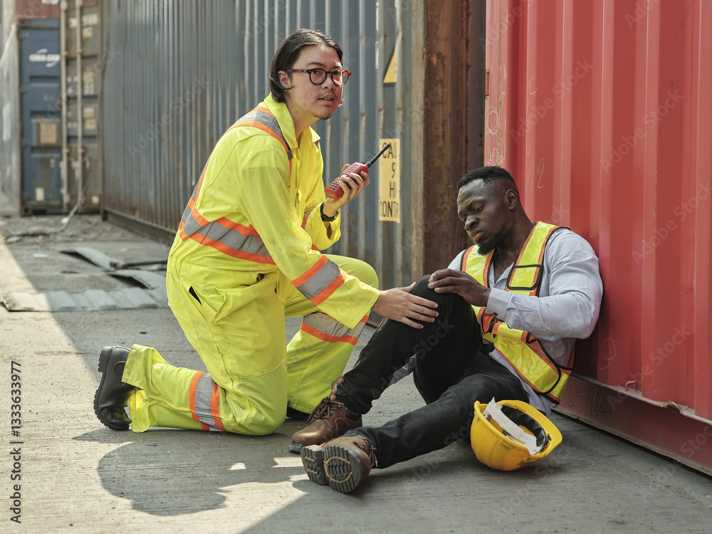 African-American male engineer injured in accident while working on unloading containers. Safety team helps him out of accident. First aid and safety training concept.