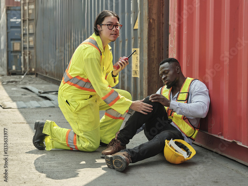 Obraz na płótnie African-American male engineer injured in accident while working on unloading containers. Safety team helps him out of accident. First aid and safety training concept. w salonie