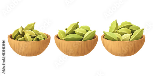 Wallpaper Mural Three small wooden bowls filled with fresh green cardamom pods are shown in a row on a transparent background ideal for culinary editorial content. Torontodigital.ca