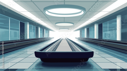 The image depicts a long, straight corridor with a central moving walkway. The corridor is brightly lit with circular ceiling lights.  Walls are predominantly light blue, and the floor is tiled.