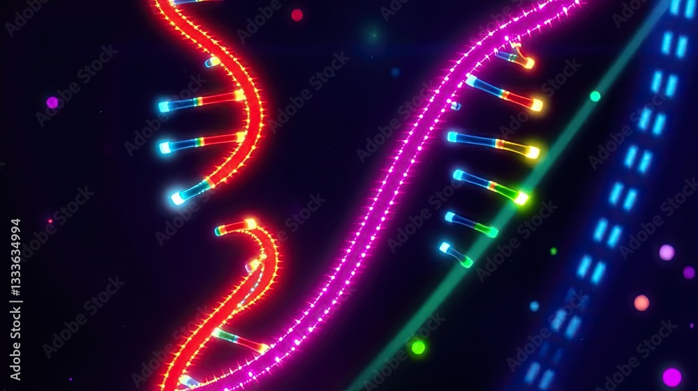 Obraz premium Vibrant Neon DNA Double Helix Science Genetic Code Biology Research
