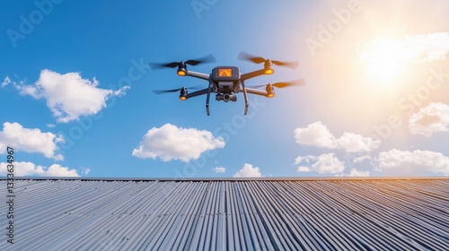 Inspection Building Standards Concept, Drone Capturing Thermal Inspections of Warehouse Roof on a Clear Sunny Day