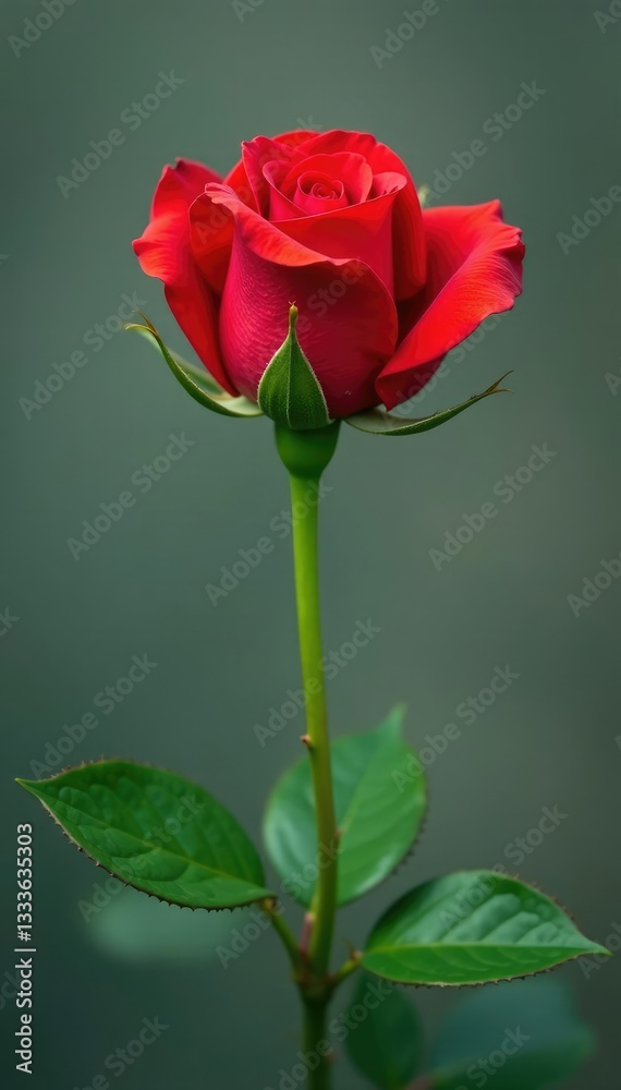 Red rose bud on a green stem with delicate veins, leaves, flower, plant