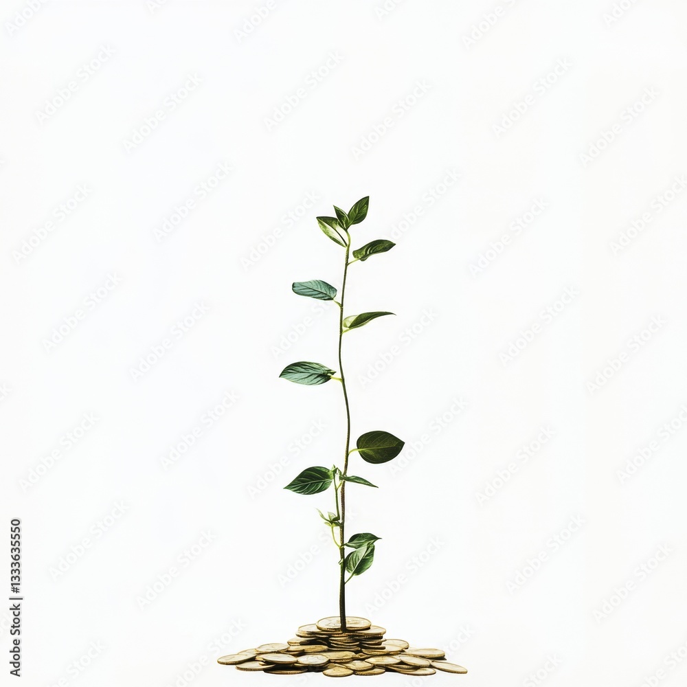 Fototapeta premium Plant Growing from Coins on White Background