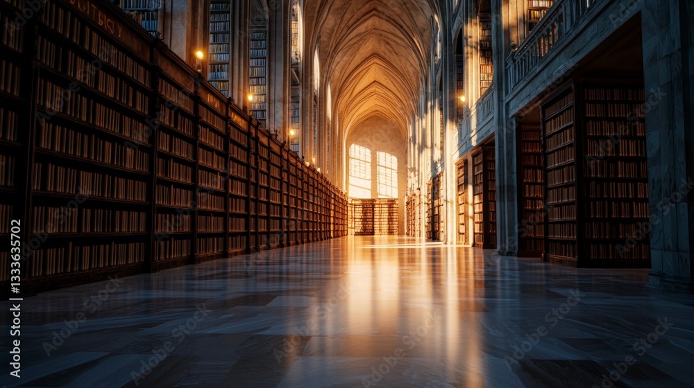 Fototapeta premium Majestic Library Interior Sunlit Bookshelves Ancient Texts Architectural Grandeur