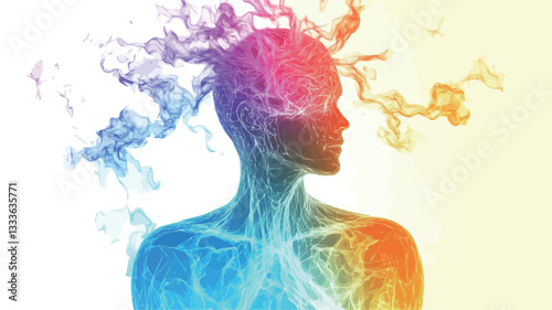 The image is a digital illustration depicting a stylized female figure in profile view.  The figure's head and body are outlined with translucent, vibrant colors resembling a blend of flames or