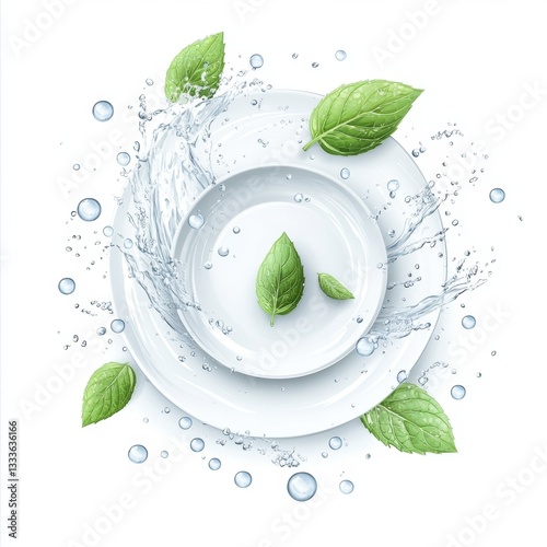 Freshly washed plates with water splashes and leaves