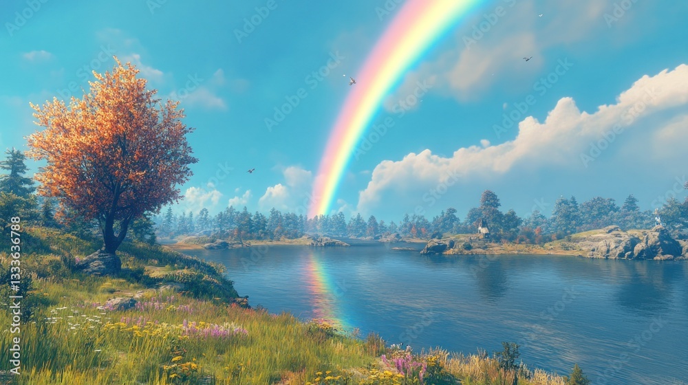 Serene Lakeside Rainbow Scene Serene Lakeside Rainbow Scene