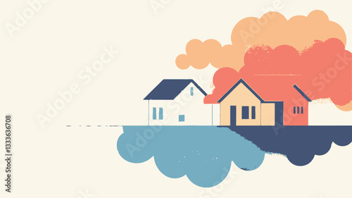 The illustration depicts three stylized houses, a white one, a yellow one, and a red one, situated side by side. They are presented with a mirrored reflection in a stylized body of water or cloud