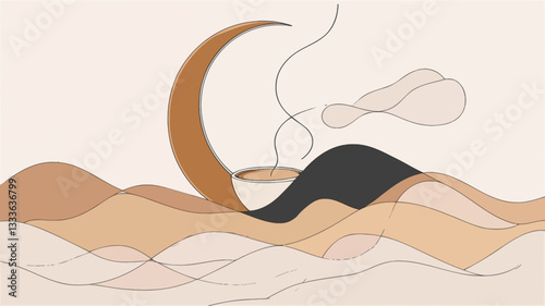 The image is a digital illustration featuring an abstract landscape composed of stylized hills and waves in shades of beige, brown, and cream.  A crescent-shaped, orange-brown form, suggestive of a