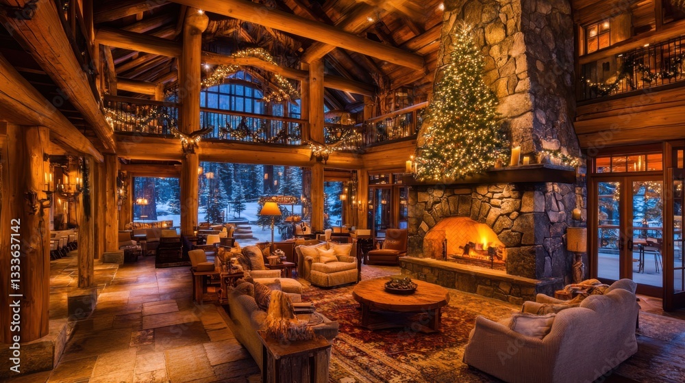 Fototapeta premium Cozy winter-themed hotel lobby with a rustic stone fireplace, warm lighting, and soft seating
