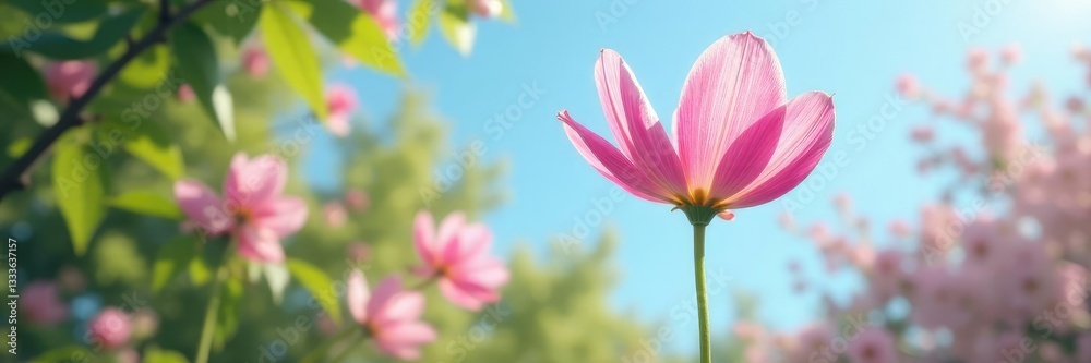Fototapeta premium Soft pink petals unfurl in gentle breeze under clear blue sky, flowers, nature, trees