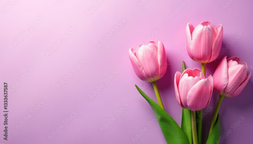 Obraz premium Soft pink tulips in gentle clusters on a soft purple gradient background, spring, garden